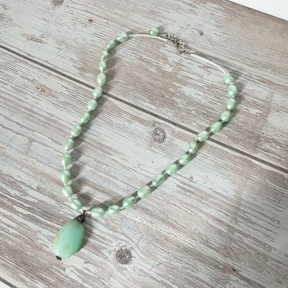 Green Nugget Baroque Pearl Necklace With Amazonite Pendant Sterling Silver 18” - Picture 6 of 15